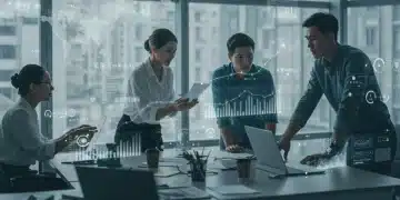 Entrepreneurs strategically planning for 2025 economic shifts in a collaborative office setting.