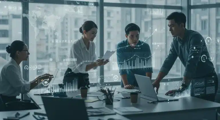 Entrepreneurs strategically planning for 2025 economic shifts in a collaborative office setting.
