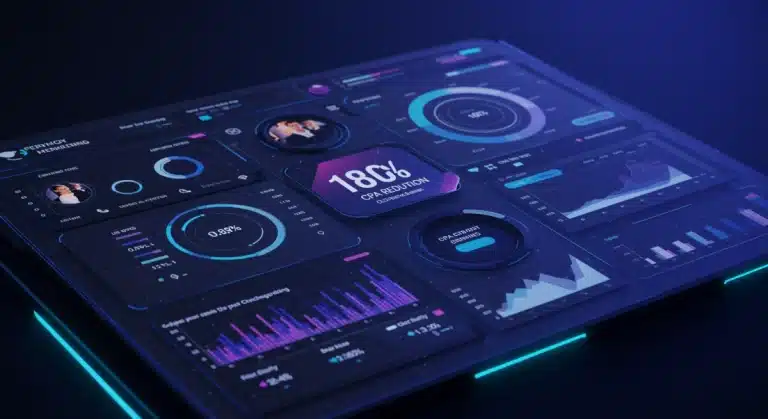 Futuristic marketing dashboard showing 18% CPA reduction in 2026