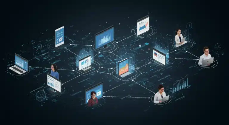Modern MarTech stack for small businesses, showing interconnected digital tools, data flows, and confident entrepreneurs achieving cost savings and efficiency.