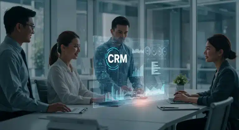 Professionals collaborating around a holographic CRM dashboard, representing next-gen customer relationship management.