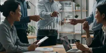 Business team analyzing Q1 2026 sales data and consumer behavior trends on a large screen, strategizing for revenue growth.