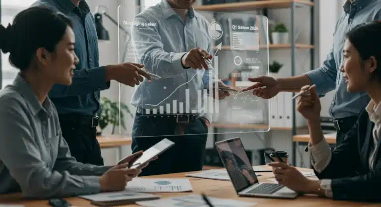 Business team analyzing Q1 2026 sales data and consumer behavior trends on a large screen, strategizing for revenue growth.