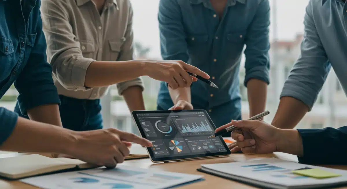 Small business team collaborating on analytics and project management, showcasing MarTech integration for productivity and cost reduction.