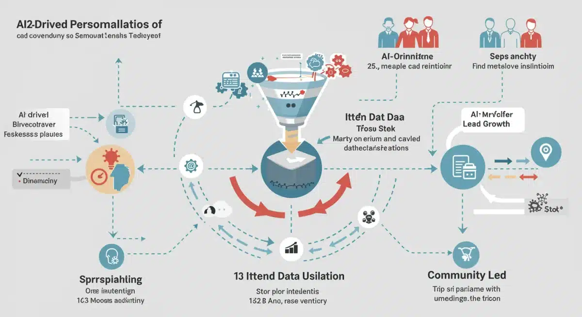 Infographic illustrating AI personalization, intent data, and community growth in a B2B marketing funnel.