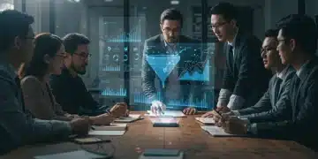 Professionals analyzing B2B marketing strategies for 2026 on a holographic screen, indicating lead growth.