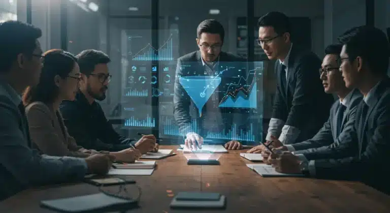 Professionals analyzing B2B marketing strategies for 2026 on a holographic screen, indicating lead growth.