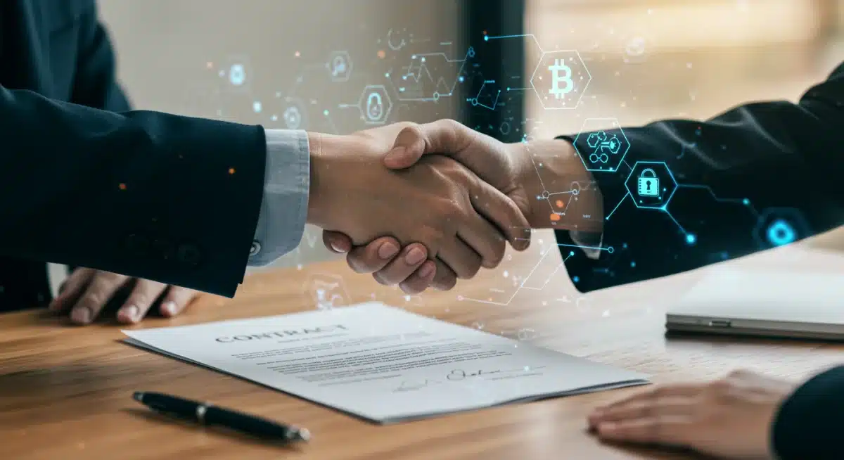 Blockchain symbols over a handshake, representing secure decentralized finance for entrepreneurs.