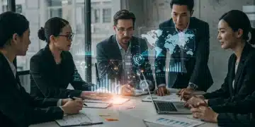 Business leaders analyzing future growth strategies on a holographic display for 2026 US economy.