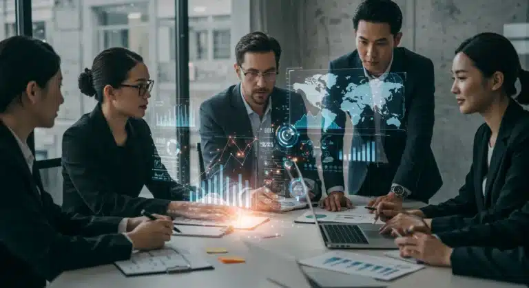 Business leaders analyzing future growth strategies on a holographic display for 2026 US economy.