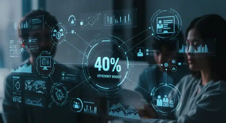 Futuristic marketing automation dashboard showing 40% efficiency boost