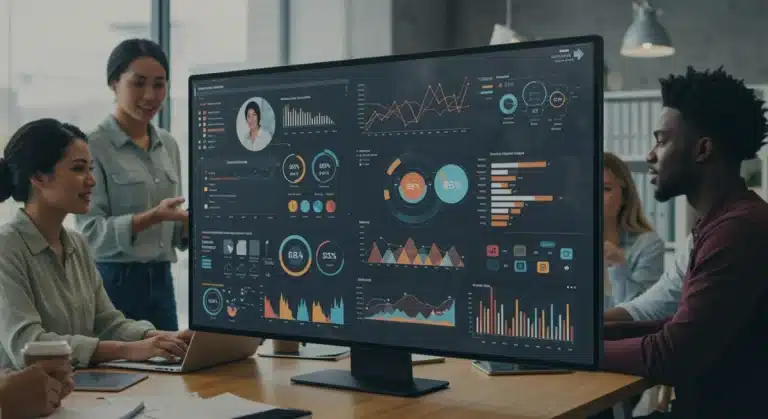 Futuristic digital marketing dashboard showing 30% organic traffic growth