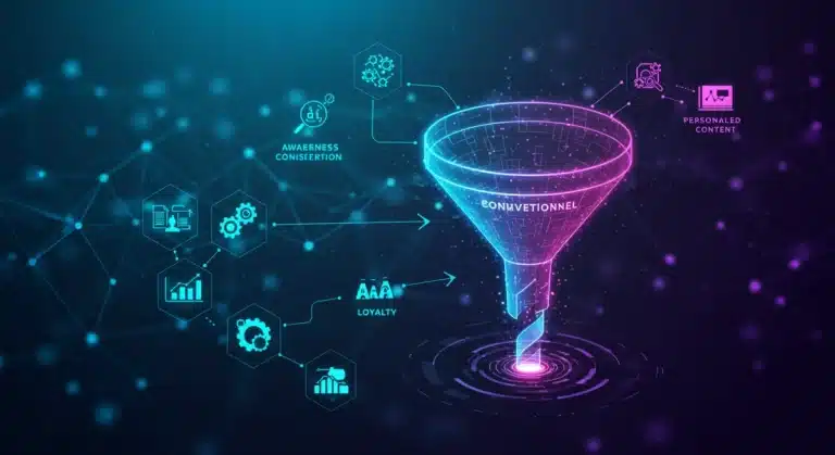 Futuristic marketing funnel with AI integration and data analytics for 2026 optimization