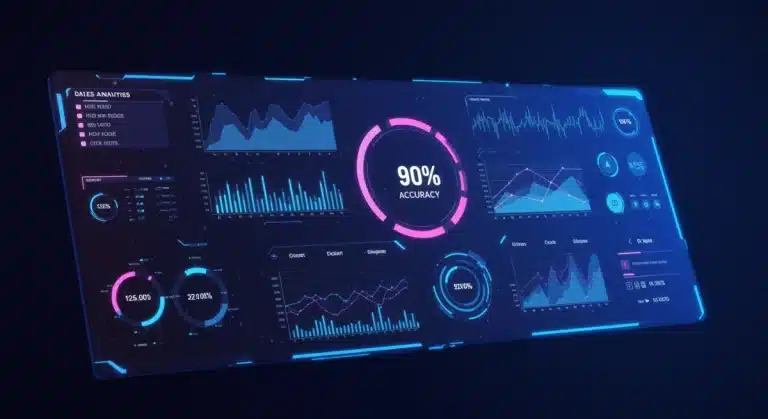 Futuristic sales dashboard with 90% accuracy target for mid-2026 using predictive analytics.