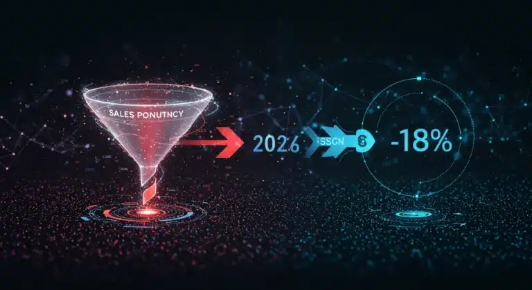 Futuristic sales funnel with retargeting loop, showing data flow and 18% drop-off reduction for 2026 marketing.