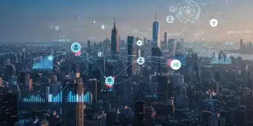 Futuristic city landscape representing a thriving US entrepreneurial ecosystem with data overlays.