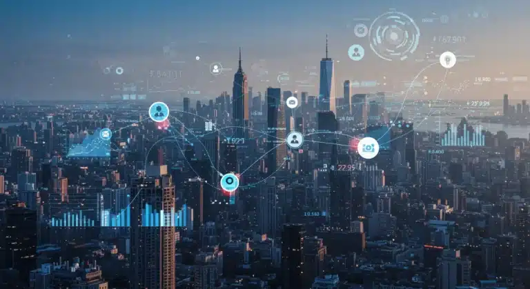 Futuristic city landscape representing a thriving US entrepreneurial ecosystem with data overlays.
