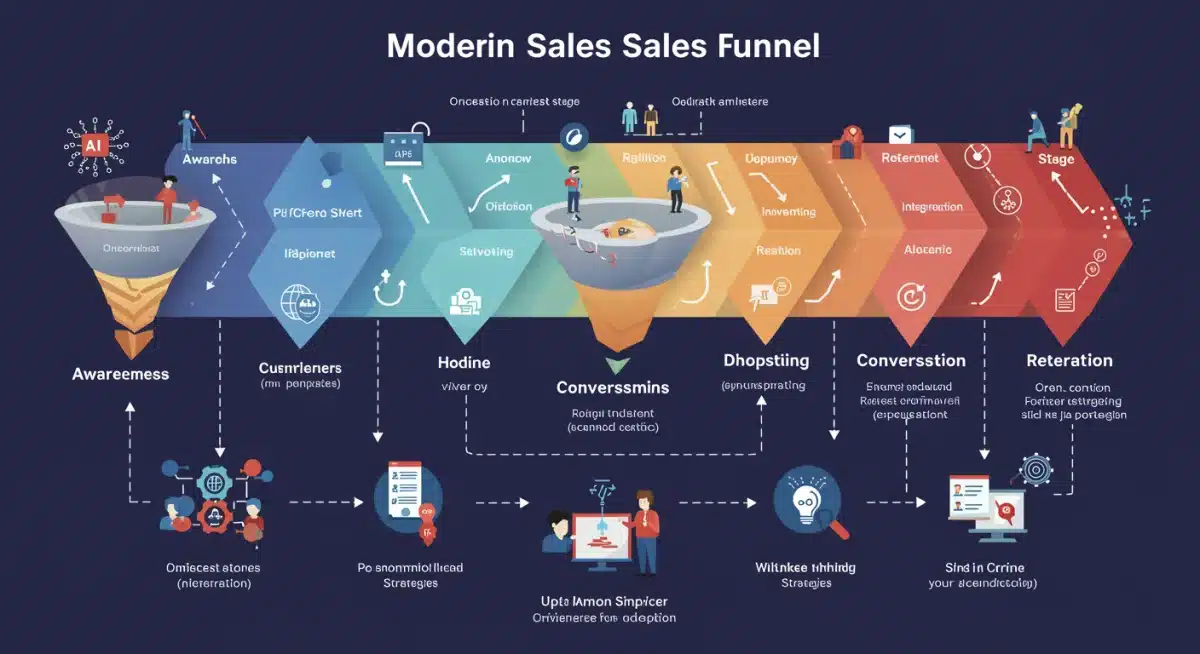 Infographic depicting modern sales funnel stages with advanced retargeting strategies and potential drop-off points.