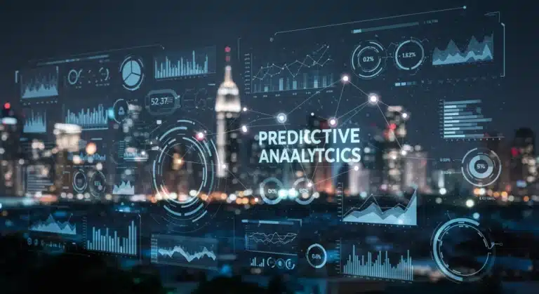 Futuristic dashboard showcasing predictive analytics for marketing in 2026