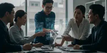 Sales team collaborating with interactive holographic sales data for lead engagement