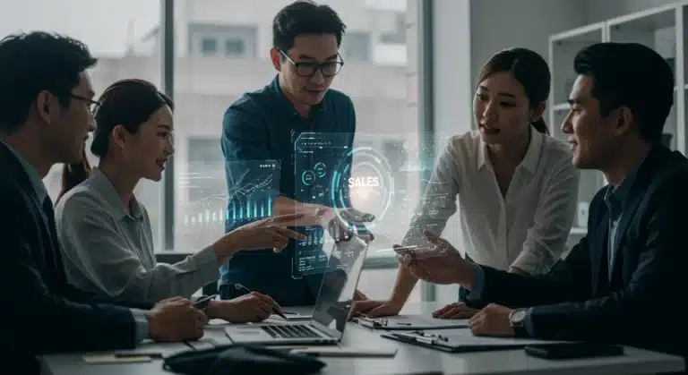Sales team collaborating with interactive holographic sales data for lead engagement