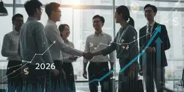 Entrepreneurs collaborating on a funding strategy for 2026, surrounded by digital financial projections and growth symbols.