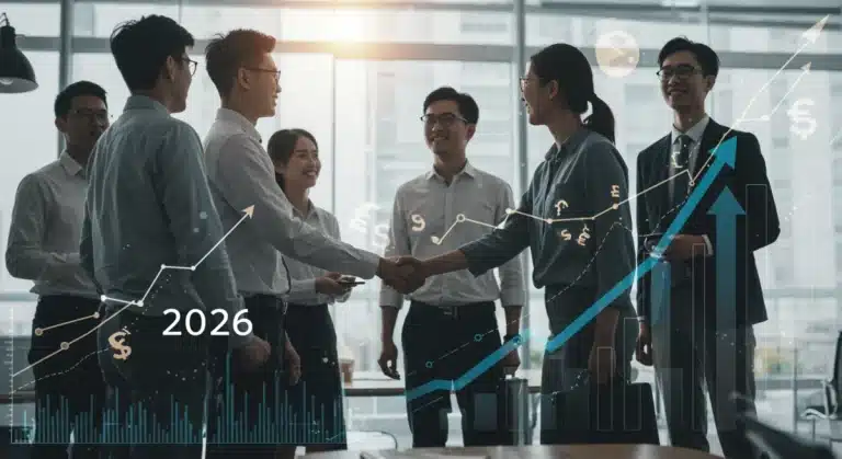 Entrepreneurs collaborating on a funding strategy for 2026, surrounded by digital financial projections and growth symbols.