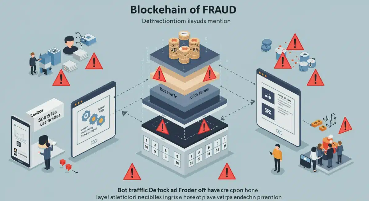 Infographic showing various types of ad fraud being detected and prevented by a blockchain ledger.