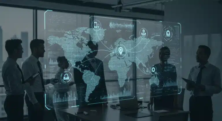 AI-powered customer journey map with predictive analytics on a futuristic display, enhancing conversion rates.