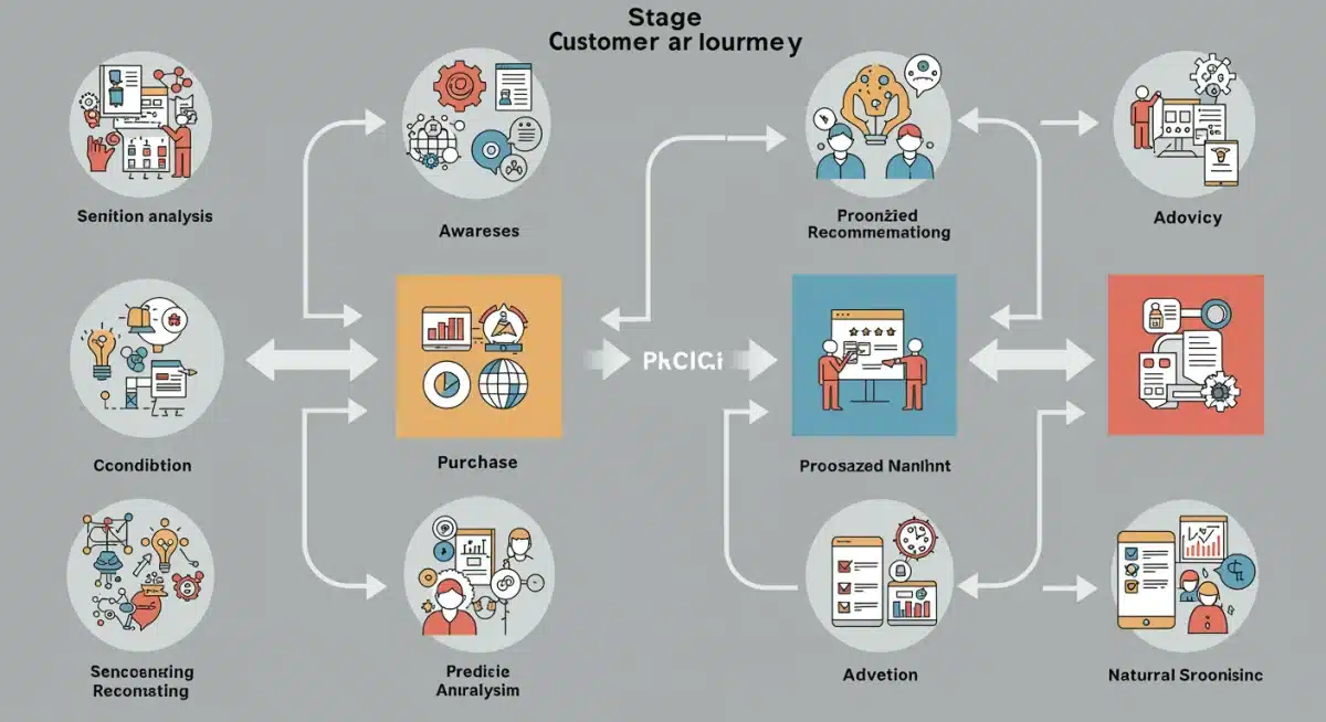 Infographic illustrating AI integration across customer journey stages, from awareness to advocacy.