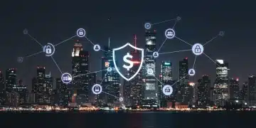Blockchain network securing digital advertising spend against fraud in a futuristic city.