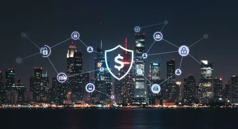 Blockchain network securing digital advertising spend against fraud in a futuristic city.