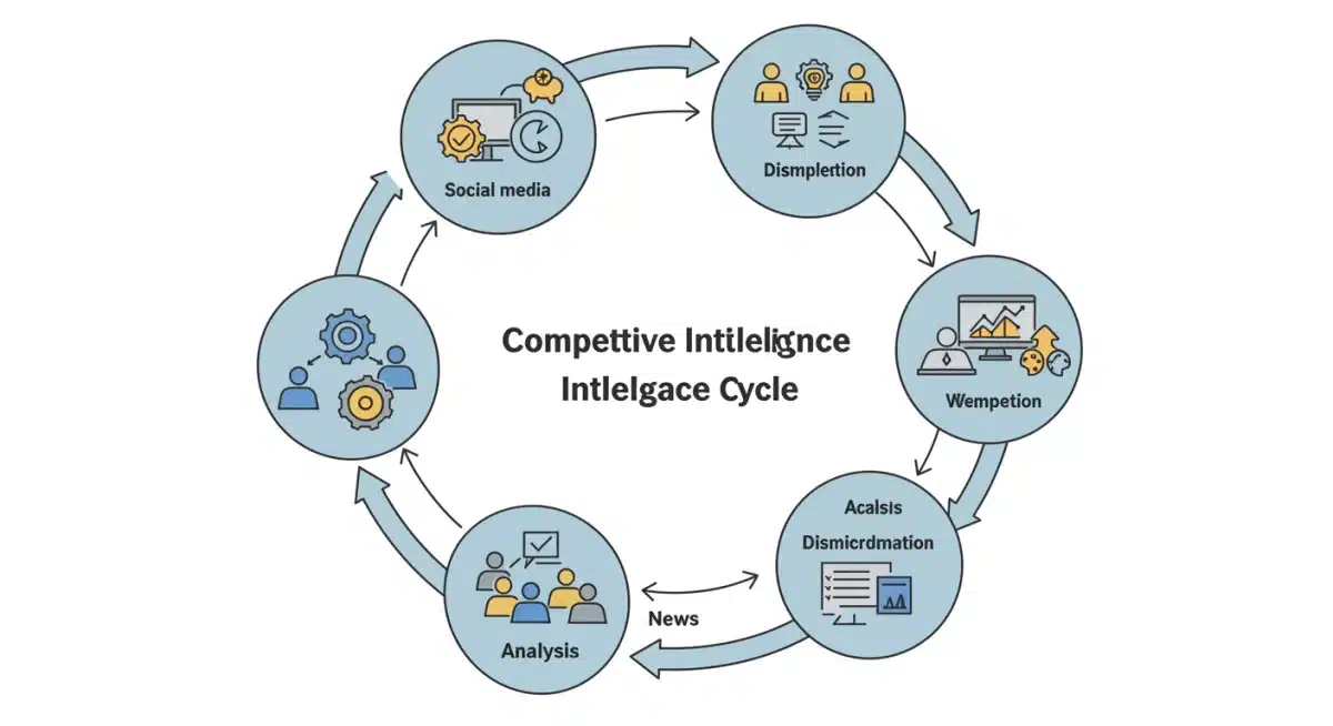 Competitive intelligence cycle showing data collection, analysis, and strategic action for sales teams