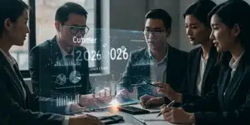 Business team analyzing customer retention data on a futuristic display for 2026 strategies