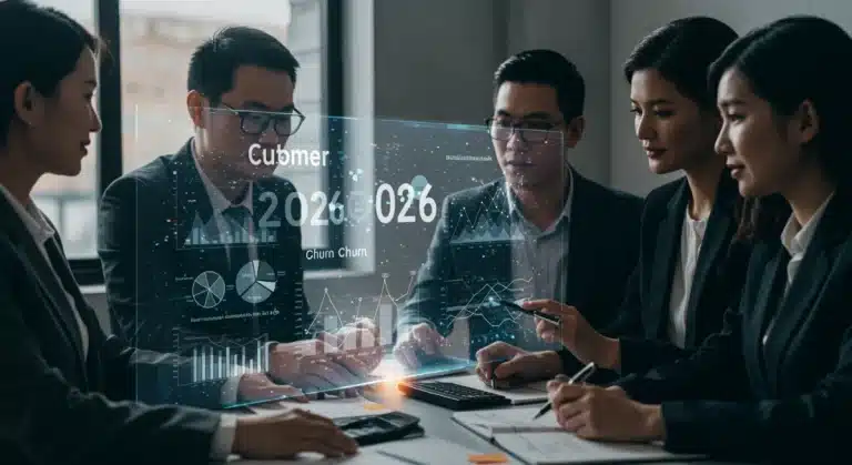 Business team analyzing customer retention data on a futuristic display for 2026 strategies
