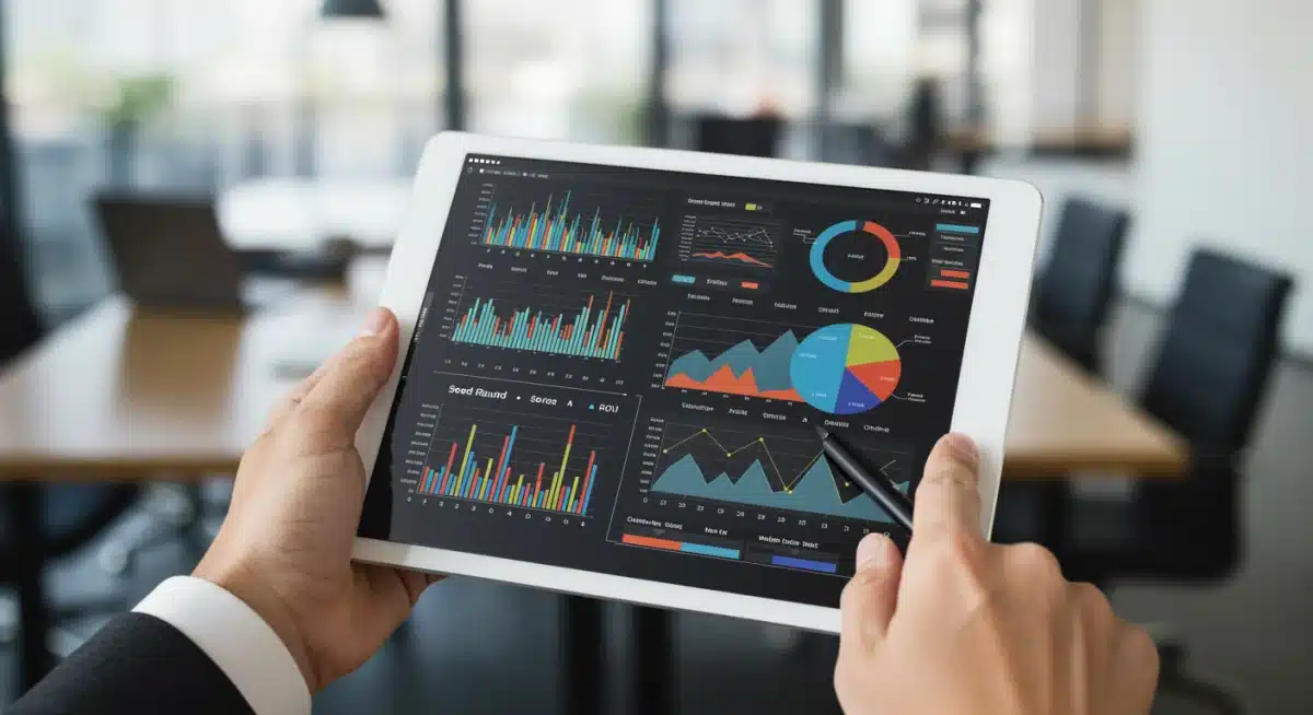 Detailed financial model on a tablet showing startup funding rounds and investment projections.