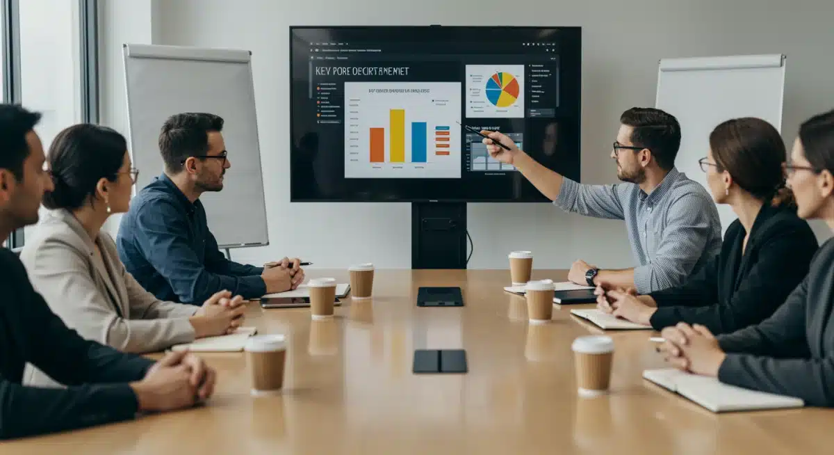Diverse investor group reviewing a startup's pitch deck during a venture capital meeting.
