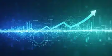 Digital gears and data streams representing marketing automation efficiency and cost savings