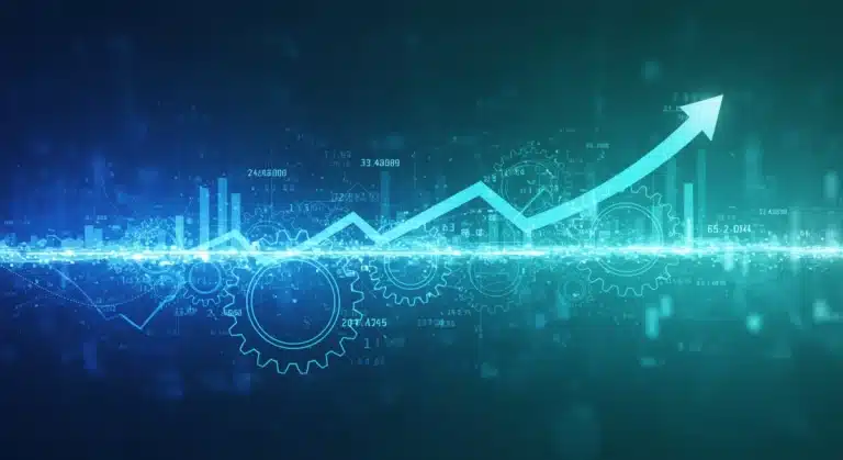 Digital gears and data streams representing marketing automation efficiency and cost savings
