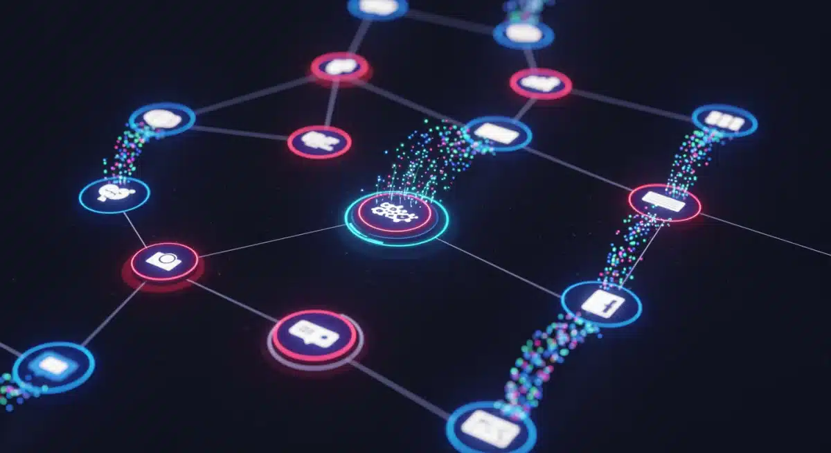 Complex MarTech ecosystem with glowing data streams connecting platforms