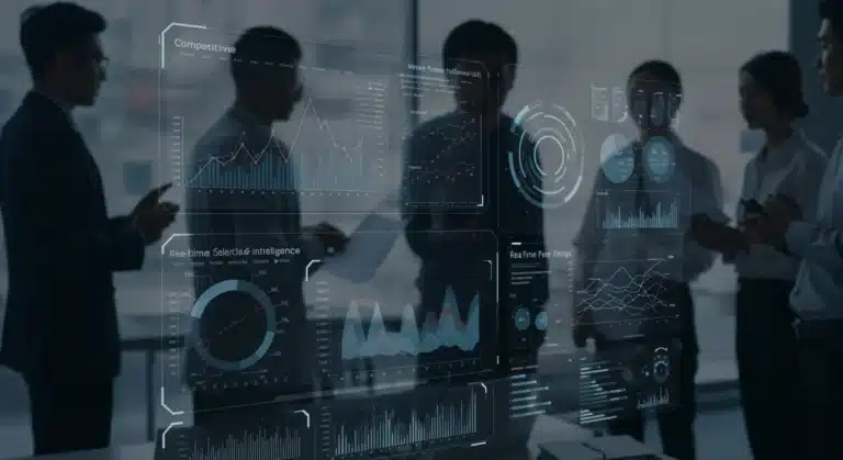 Futuristic dashboard showing real-time competitive sales intelligence data and market insights for strategic decision-making