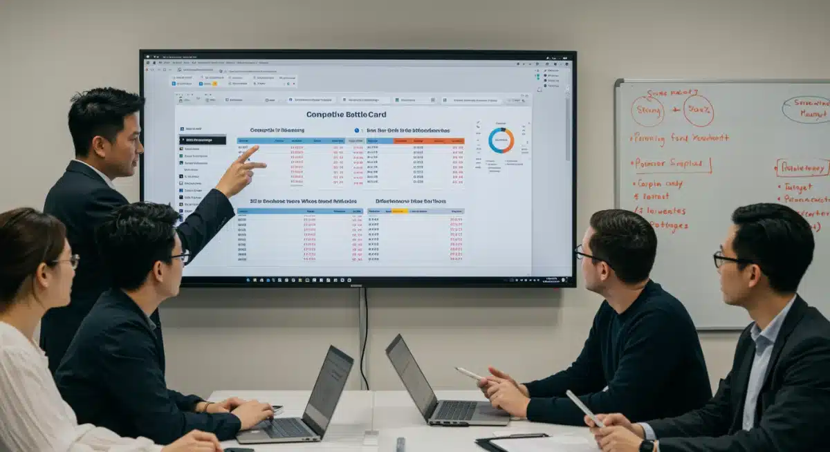 Sales team analyzing competitive battlecard to develop effective sales strategies against rivals
