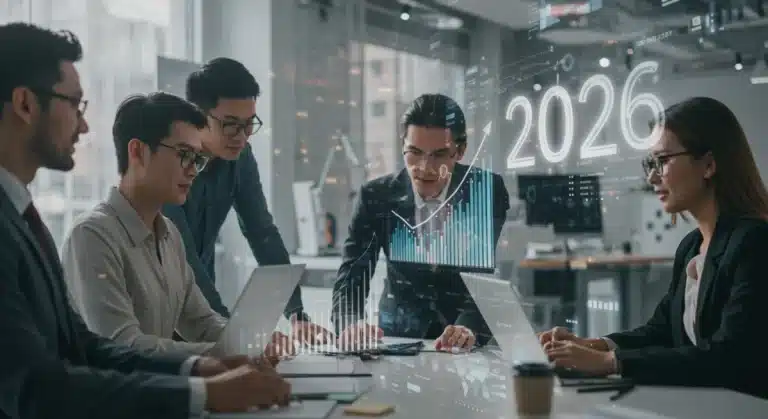 Sales team collaborating on a growth strategy, scaling sales operations for 2026 targets.