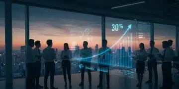 Entrepreneurs analyzing holographic growth chart for 30% US market expansion in 2026.