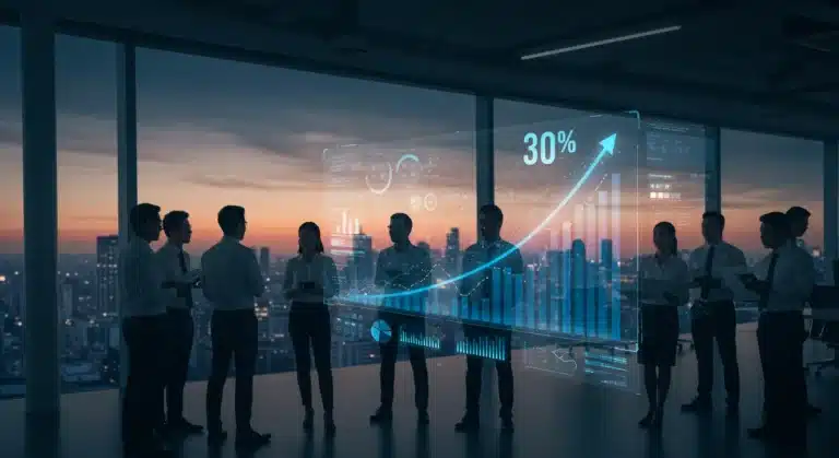 Entrepreneurs analyzing holographic growth chart for 30% US market expansion in 2026.