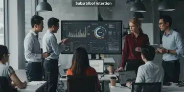 Professionals analyzing subscription model growth data on a digital dashboard.