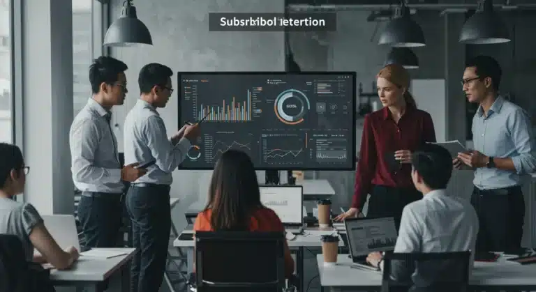 Professionals analyzing subscription model growth data on a digital dashboard.