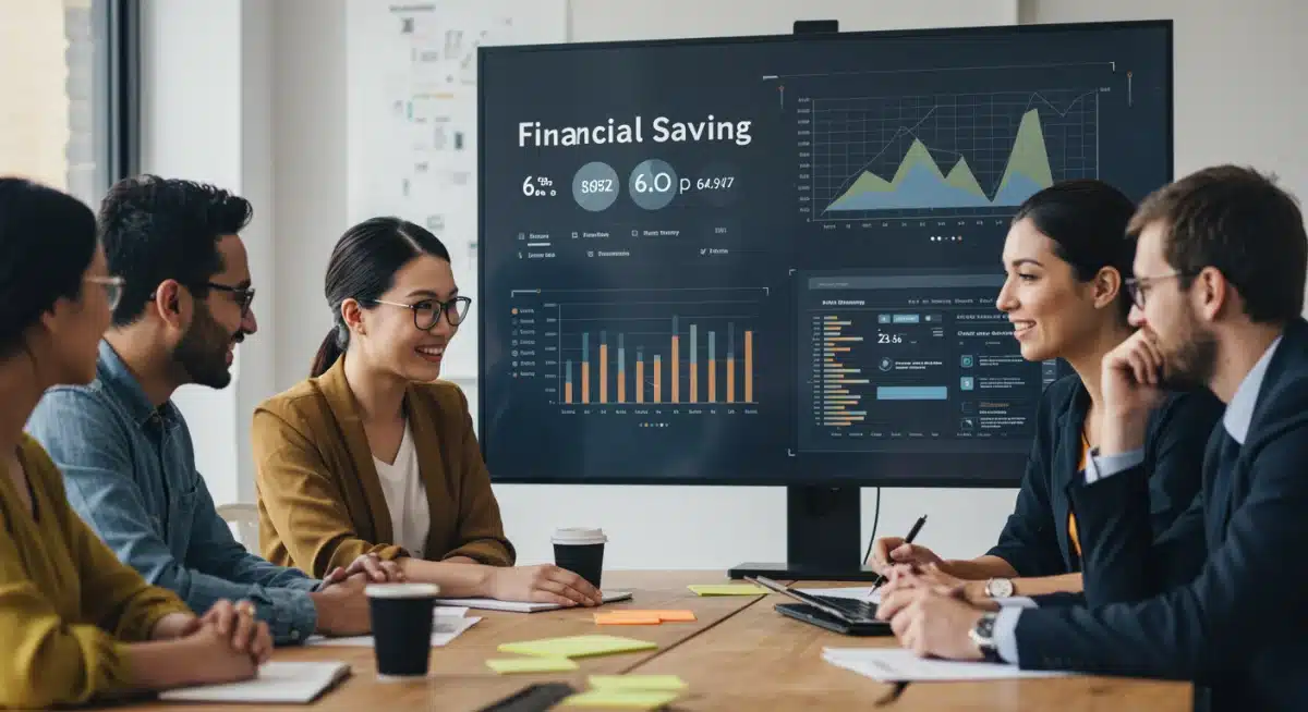 Team reviewing financial projections and marketing performance after automation