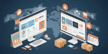 Digital illustration of a successful US e-commerce website launch with data analytics and shipping boxes.