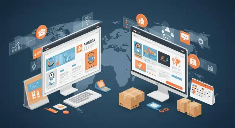 Digital illustration of a successful US e-commerce website launch with data analytics and shipping boxes.